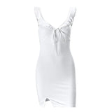 Zingj Women's Summer New Sexy V Neck Dew Back Sweet Flounce Slit Dress Woman- Outfit