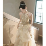 Champagne Evening Dress Female Banquet Temperament High Tuxeds Host High Sense Light Luxury Niche High-End Performance