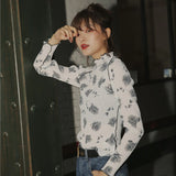 Vintage T Shirt Long Sleeve Top Floral Print White Tee Shirt Turtle Neck Underwear Women Korean Style Fall