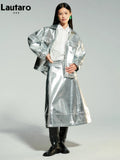 Spring Autumn Cool Silver Shiny Patent Faux Leather Jacket Women with Raglan Long Sleeve Luxury Designer Y2K