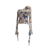 Tie Dyed Elastic Mesh Oblique Shoulder Irregular Horn Long-Sleeved T-Shirt Flower Short Floated Female