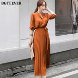 Elegant Single Breasted Women Pleated Dresses Full Sleeve Slim Waist A-line Dresses Casual Female Long Vestidos