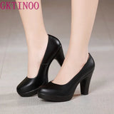 Genuine Leather shoes Women Round Toe Pumps Sapato feminino High Heels Shallow Fashion Black Work Shoe Plus Size