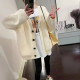 Zingj New Retro Lazy Wind V-Neck Cardigan Female Wide Soft Waxy Pure Color Sweater Coat Female-Outfit