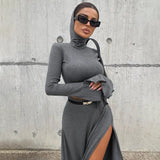 Zingj Women's Short Hooded Top High Waist Side Slit Unique Suit Skirt 2024 Spring And Autumn New Two-Piece Set For Women-Outfit