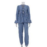 Zingj New Women's Spring Wear With A Complete Set Of Sexy Lace Long Sleeves Fluffy Small Shirt Bundle Pants Plaid Suit-Outfit