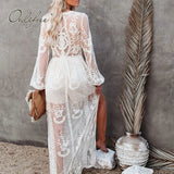 2022 Summer Vintage Women Sexy Maxi Dress Long Sleeve Embroidery See Through White Lace Long Beach
