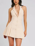 Collar Buttoned Backless Suit Mini Dress-Outfit