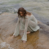 Women's Summer Long Knit See-through Beachwear Solid Color Flare Long Sleeve O Neck Hollow Backless Cover Up