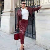 Bodycon PU Leather Zipper Split Midi Skirt- Outfit