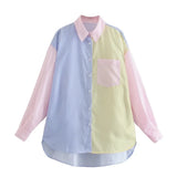 All-Match Patchwork Striped Color-Block Women Long Shirt 2021 Spring Summer New Elegant Pocket Lapel Collar Casual