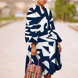 Office Lantern Sleeve Long Dress Chic Lady Stand Collar Print Party Dress Fashion Drawstring Button Loose A-Line
