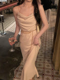 Women New Summer Spaghetti Strap Satin Midi Dress Sexy Bodycon Elegant Party Slim One Piece Clothes