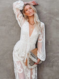 Lace Dress Long Women Bohemian Embroidered Maxi Dress Female V Neck Hollow Out White Casual Holiday Beach Dress