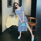 Sleeve Dresses Women Elegant Summer Design Lovely Aesthetic Print Vintage Ins Square Collar Side Slit Artistic Party