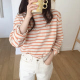 Spring And Autumn Wear Korean Version Of Striped T-Shirt Women's Long Sleeves Loose Leisure Lazy Wind Pure Cotton Student Shirt