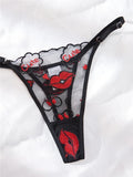 Black Lips Embroidery Sheer Lingerie Set- Outfit