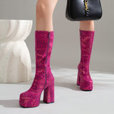 Fashion Women Knee High Boots Flock Platform Chunky High Heel Punk Boots Square Toe Zipper Autumn Winter Ladies