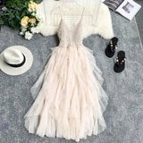 New Women Tulle Dress Summer Mesh Dress High Waist Hem Asymmetrical Pleated Fairy Dress Female Slim Mesh