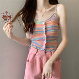 Women Fungus Buttons Cropped Tanks Tops Girls Knitted Sweet Chic Slim Thin Tee shirts Camis Crop Top for Female