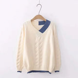 Mori Girl Small Fresh Fashion Knitted Sweater Female Long-sleeved Color Matching V-neck Sweater Women Pullover