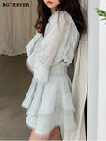 Vintage Ladies 2 Pieces Shorts Set V-neck Puff Sleeve Blouses &amp; Ruffles Elastic Waist Shorts 2022 Women Summer