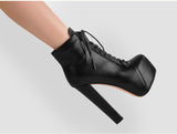 Onlymaker Women's Platform Round Toe Short Booties Block Chunky High Heel Lace Up Black Thick Plus Size Party Dress Ankle