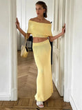 Ribbed Off-Shoulder Top And Maxi Skirt Set- Outfit