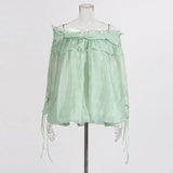 Temperament Sexy Breeze Net Yarn Shirt 2025 Summer New Lotus Leaf Side Spliced Shoulder Sexy Long-Sleeved