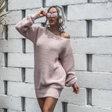 Winter Diagonal Collar Loose Casual Solid Sweater Dress Streetwear Harajuku Y2K Vestido Lantern Sleeve Dresses Robe