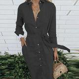 Elegant Lace-up Button Shirt Dress Casual Women Solid Cotton Linen Pocket Dress 2022 Lady Long Sleeve Office Long