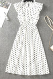 Women Summer Polka Dot Chiffon Dress Short Sleeve Party Sweet Slim A-Line Casual Elastic Waist Elegant Midi Dresses Robe