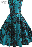 Print Summer Dress Women Vintage Elegant Swing Rockabilly Party Dresses Casual Midi