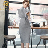 Women 2 Piece Set Dress New 2020 Summer White Ruffles Stand Collar Blouse Top + Gray Sleeveless Notched Collar Pencil Skirt