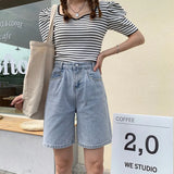 2021 New Spring Summer High Waist Retro Blue Denim Shorts Streetwear Female Wide Leg Loose Button Ladies Jeans