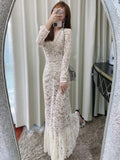 Autumn Women's New Hand-made Diamond Lace Dress Long Sleeve Dress V-neck Slim