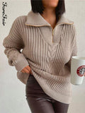 Autumn Winter Turtleneck Knitted Vintage Sweater Women 2021 Long Sleeve Zipper Loose Green Khaki Y2k Casual
