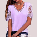 Women's T-Shirt Burst Lace Splicing Loose V-Neck Short-Sleeved