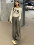 Pleated Grunge Tee Shirts Femme Slim Fit Y2k Aesthetic Letter Print Long Sleeve Cropped Top Women Fashion All Match