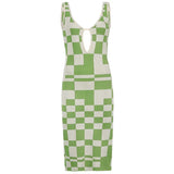 Summer V Neck Vintage Plaid Bodycon Dress Casual Sleeveless Checkered Midi Dresses Laides Hollow Out Party