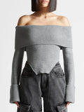 Zingj 2024 New Fashion Temperament One Word Shoulder Slim Slim Long-Sleeved Sweater Women's Solid Color Back