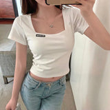 Zingj French Square Collar Short High Waist Crop Short Sleeve T-Shirt Women's Slim 2024 Summer Bottom Top