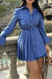 Blue Shirt Dress Woman Striped Pleated Short Dresses For Women Long Sleeve Casual Summer Women's Dresses Button Mini