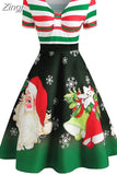 Dress Women Winter Santa Claus Striped Print Elegant Short Sleeve V-neck Xmas Party Midi