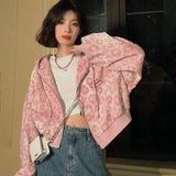 Pink Leopard Print Short Zipper Sweatshirt Top Women Loose Vintage Casual Streetwear Girl Hoodie Fashion Jacket