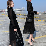 Party Elegant Mesh Sleeve Spring Autumn Polka Dot Solid Dress Women Fashion