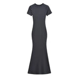 Zingj Trendy Women's Dress Sexy High Waist Hip Fishtail Skirt Temperament Solid Color Short-Sleeved Round-Neck Dress Long
