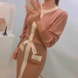 Autumn Korean Knitted Color-blocked Two Piece Sets Women Long Sleeve Cardigan + Elastic Waist Long Skirt Suits