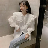 Women Shirts Lovely Vintage White Female Sweet Leisure Lantern Sleeve Students Ruffle Tops Mujer Blusas Chemisier Fashion