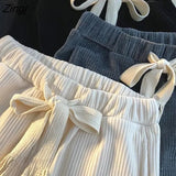 Leg Pants Women Solid Corduroy Chic Autumn New Stylish BF Workout Teens Trouser High Waist Loose All-match Pantalones